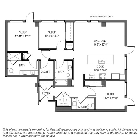Floor plan for 3 beds, 2.5 baths, 1406 sqft